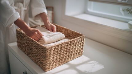 A close-up of hands in a white bathrobe folding a towel into a wicker basket on a white countertop, illuminated by soft natural light from a window. A cozy, wellness, and lifestyle concept of organiza