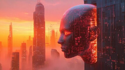 Artificial intelligence glowing head emerging from futuristic cityscape - Powered by Adobe