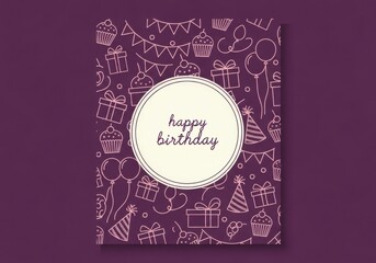 Happy birthday greeting card with festive elements like cupcakes, gifts, and balloons, in a charming handdrawn style