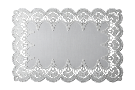 High-contrast white lace doily on black backdrop