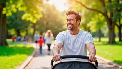 Smiling father pushing stroller while walking in park during daytime  