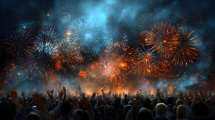 People cheering under glowing fireworks sky filled with excitement and joy 