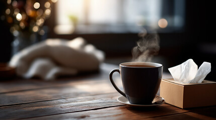Close up of steaming mug beside tissue box faceless remedy visualization defocused rustic wooden table background winter cough infection home phlegm treatment wellness comfort