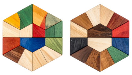 Two hexagonal wooden puzzles, each showing color gradients and wood textures