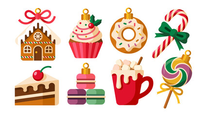 Sweet Holiday Delights: A cheerful assortment of festive sweets and treats adorns the scene. From gingerbread houses and cupcakes to donuts and lollipops, perfect for holiday joy