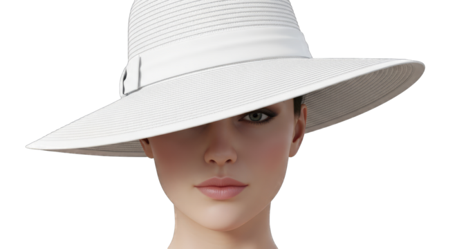 Close Up Studio Portrait Of A Woman Wearing A Wide Brimmed White Woven Hat With A Black Ribbon Detail Covering One Eye With Subtle Makeup And Glossy Lips And A Transparent Background