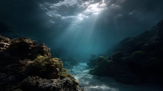 Sunlight streams through the ocean s surface illuminating a vibrant coral reef with its shafts of light - Powered by Adobe