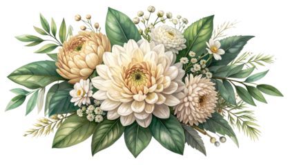 Watercolor floral arrangement with creamy white and green blossoms