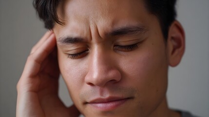 Man with closed eyes and furrowed brow holds his temple showing signs of pain or deep contemplation