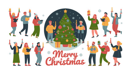 Christmas Carols near a Christmas Tree: Festive gathering of people holding candles and singing carols around a decorated christmas tree.