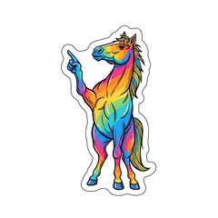 A vibrant rainbow-colored horse standing on its hind legs and pointing upwards with its front hoof, depicted in a cartoon sticker style.