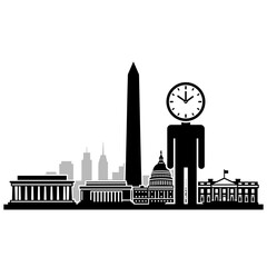 City skyline with obelisk and clock figure