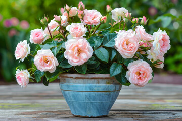 Beautiful pink roses in a blue pot arranged on a rustic wooden table in a garden setting