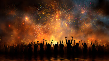 People cheering under glowing fireworks sky filled with excitement and joy 