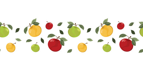 Apples border. Hand drawn vector illustration. Seamless banner for design, wallpaper, decoration, packaging, fabric, postcards