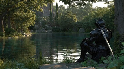 Dark knight resting by peaceful forest lake and castle