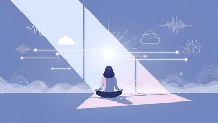 Obraz premium Mindfulness Meditation and Inner Balance: Woman in Lotus Pose Connecting with Cosmic Energy, Sound Waves, and Clarity of Mind.