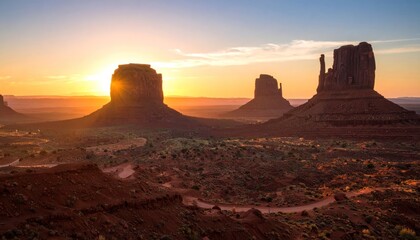 Sunrise over Monument Valley with Arizona, and Red Rock Landscape.