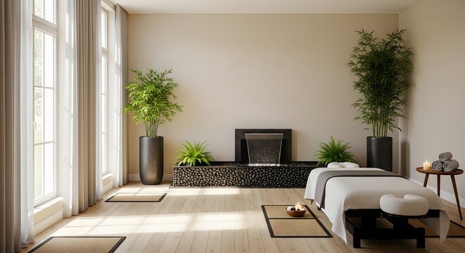A serene spa room featuring a massage table, indoor waterfall, and lush green plants for relaxation