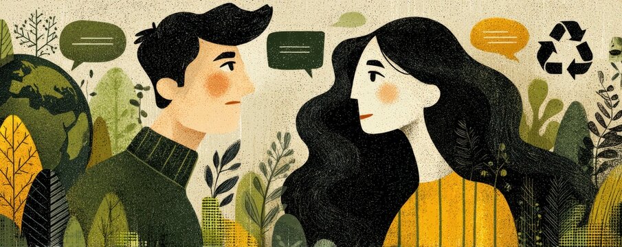 Eco conscious couple in nature talking amid greenery and sustainability symbols