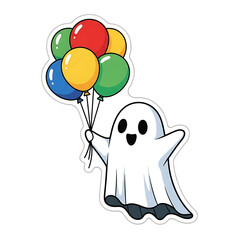 A cute cartoon ghost holding a bunch of colorful balloons with a happy expression.