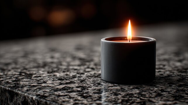 Warm glowing candle flame on a dark textured surface