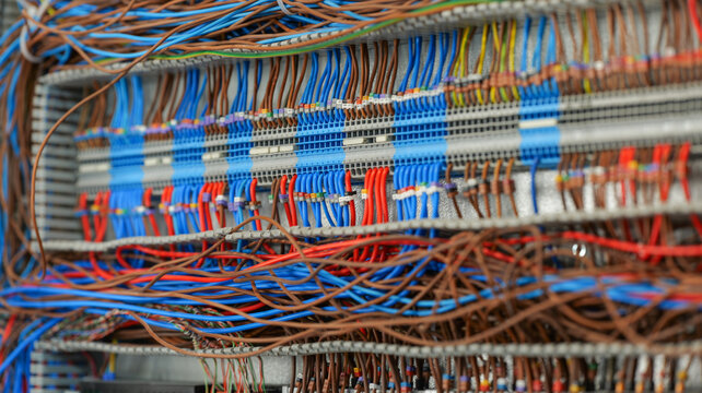 Close-up of electrical wiring and connections inside a control panel