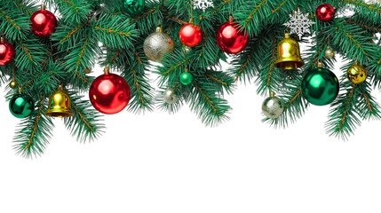 Festive Evergreen Boughs Adorned With Bright Ornaments Set Against A Clean Stark White Backdrop
