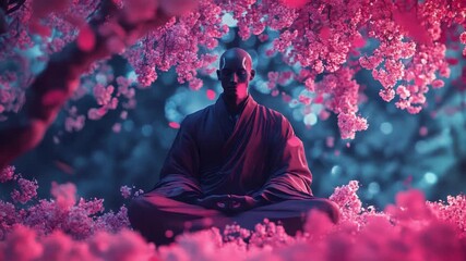 This video captures a still moment of meditation amidst stunning cherry blossoms. Perfect for relaxation and mindfulness themes. Generative AI - Powered by Adobe