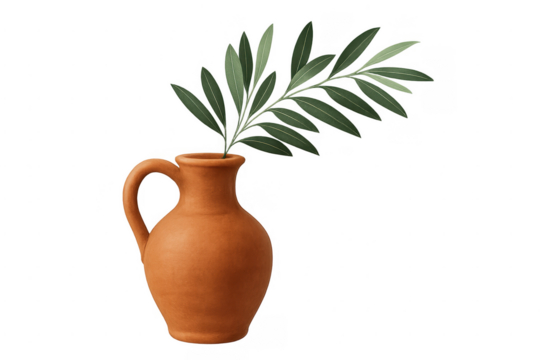 Terracotta pottery jar holding green olive branch - Powered by Adobe