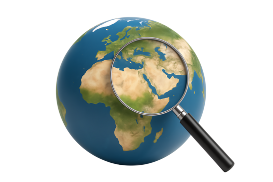 Isolated Globe with Magnifier Highlighting Strategic Geographical Region for Analysis
