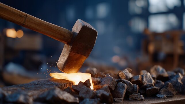 Close-up of glowing iron under a hammer’s strike as the blacksmith turns scrap metal into intricate home décor. The powerful visual represents transformation, environmental responsibility, and the - Powered by Adobe