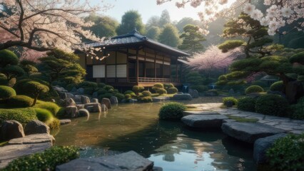 Fototapeta premium Peaceful Japanese garden with cherry blossoms (1)