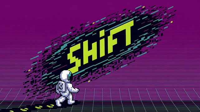 Pixelated astronaut journeys toward vibrant 'SHIFT' text against a retro-futuristic purple grid background, symbolizing progress and change.