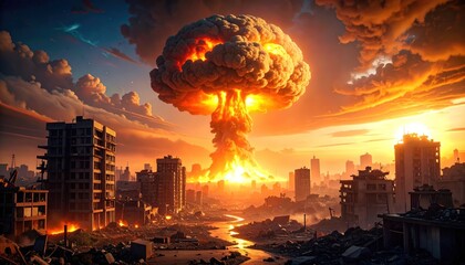 Nuclear Explosion Over Destroyed City with Apocalypse, and Nuclear Blast.