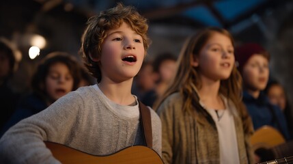 Group of children at a shelter singing Christmas carols while volunteers accompany them with guitars — an emotional and heartwarming celebration of unity, music, and shared happiness despite life’s