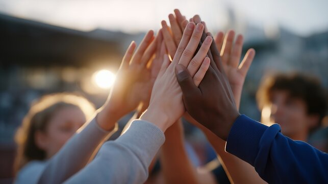 Close-up of hands reaching out for high-fives — the emotional bond between athletes and supporters, representing hope and unity. cinematic color correction, natural uneven lighting yet gentle