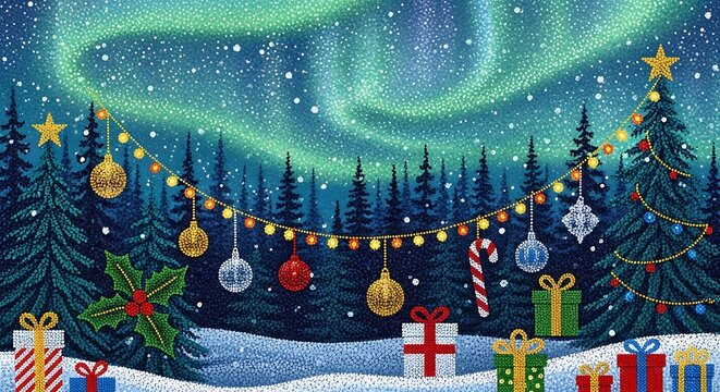Enchanting winter christmas scene with decorated pine trees, gift boxes, and festive lights under a vibrant green aurora borealis sky with falling snow