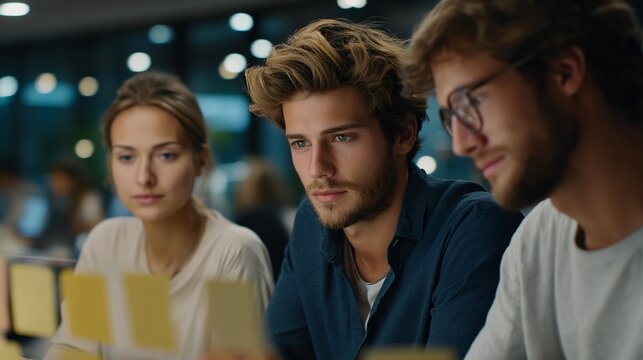 In a creative office, a startup team collaborates on reshaping their business strategy using a mix of laptops, sticky notes, and holographic projections — a vivid symbol of teamwork, visionary