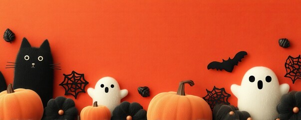Halloween decorations with pumpkins, ghosts, and black cat on orange background