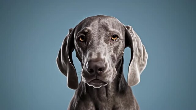 A happy Weimaraner dog with floppy ears and a panting tongue in a studio portrait