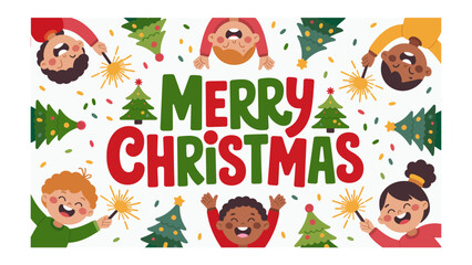 Joyful Christmas Gathering: Festive artwork showcasing delighted children and sparkling fireworks, celebrating the season's magic with Christmas trees and merry wishes. 