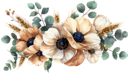 Watercolor floral arrangement with anemones, wheat, and eucalyptus leaves (2)