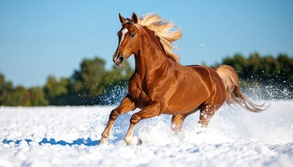 Running Horse in Snow Wild Animal with Winter, and Freedom Concept.