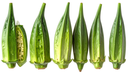 Close-up of okra pods, one sliced open, arranged in a row against black