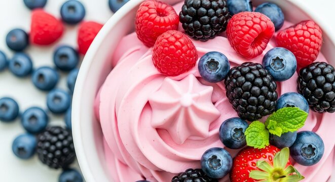 A bowl of pink frozen yogurt topped with fresh blueberries raspberries and blackberries close up view