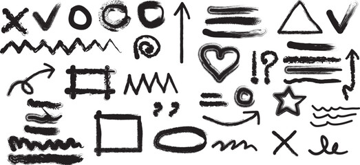 Black Ink Hand Drawn Doodles And Symbols Including Arrows Hearts And Stars On White vector