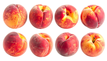 Eight ripe peaches, vibrant colors, isolated against a solid black background