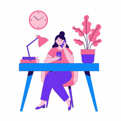 WhiskAi futuristic office workspace with remote job screens illustration of a woman sits at a desk, talking on the phone and holding a smartphone, with a lamp_a38cf6fae1f11aa83f84d5d150e98fa4dr_traced