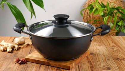 Cooking Pot on Wooden Table Kitchenware Food Preparation.